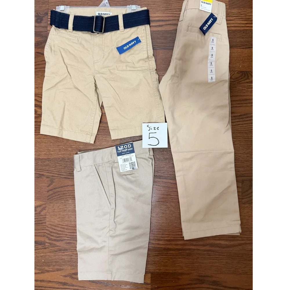 Old Navy IZOD Boys Size 5 Khaki School Uniform Bundle Pants Shorts Belt 3pc NWT